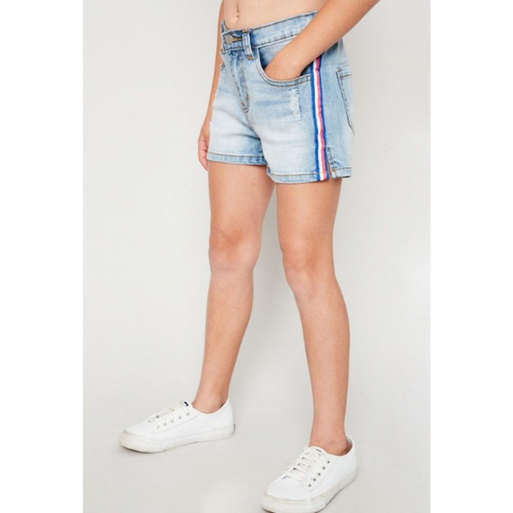 distressed side stripe stretch denim shorts